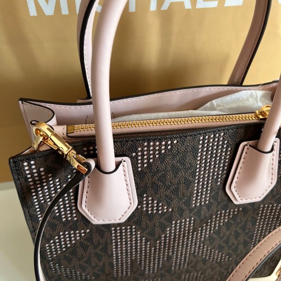 MICHAEL KORS Mercer Medium Pebbled Leather Crossbody Bag Brown/Pink Perforated - Picture 13 of 16